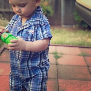 Cute blue and white plaid short outfit.